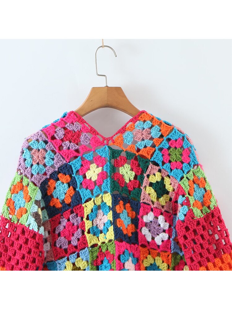 Boho Chic Multicolor Plaid Flower Crochet Cardigan: Handcrafted Fall Outerwear with Single Button Closure, Perfect for Adding a Pop of Color to Your W