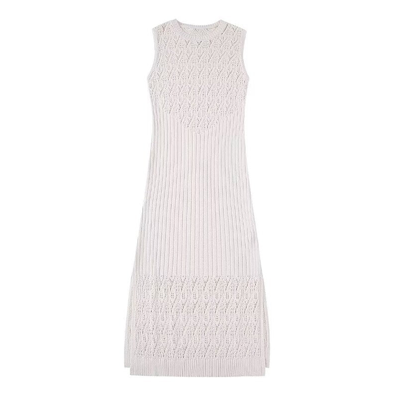 Chic Sleeveless Knitted Maxi Dress: Fashionable Cut-Out Slim Design with Woven Crochet Details, Perfect for Holiday Elegance and Maxi Robe Style