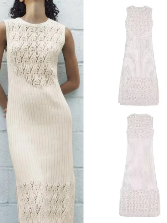 Chic Sleeveless Knitted Maxi Dress: Fashionable Cut-Out Slim Design with Woven Crochet Details, Perfect for Holiday Elegance and Maxi Robe Style