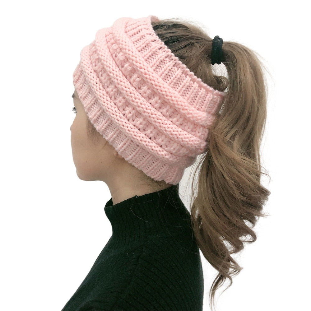 Stay Stylish and Warm with our Ponytail Beanie: Stretch Knitted Crochet Hats for Women