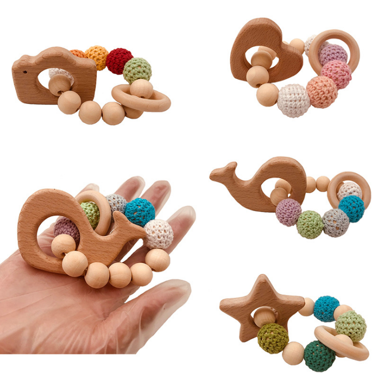 Organic Wood Teething Set: Crochet Bead Teething Rings with Untreated Beech Teether and Wooden Animal Toy Bracelet