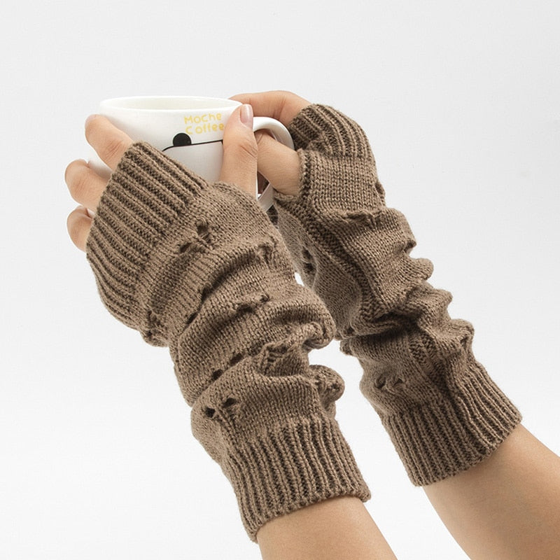 Women Gloves Stylish Hand Warmer Winter Gloves Women Arm Crochet Knitting Hollow Heart Mitten Warm Fingerless Gloves