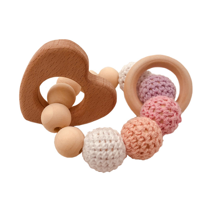 Organic Wood Teething Set: Crochet Bead Teething Rings with Untreated Beech Teether and Wooden Animal Toy Bracelet