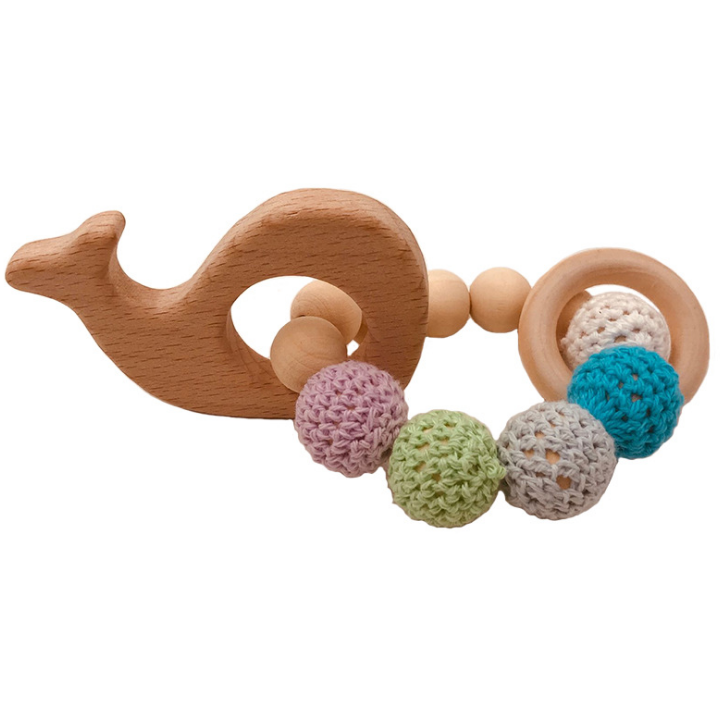 Organic Wood Teething Set: Crochet Bead Teething Rings with Untreated Beech Teether and Wooden Animal Toy Bracelet