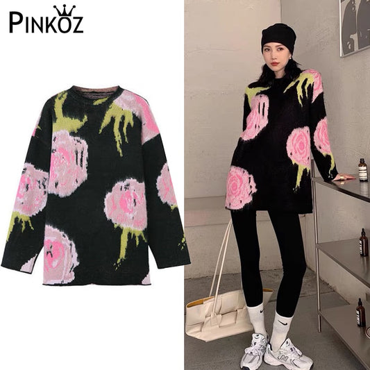 Chic and Casual: Pink Flower Black Sweater for Autumn, Long Sleeve O-Neck Fashion with Crochet Knitted Tops