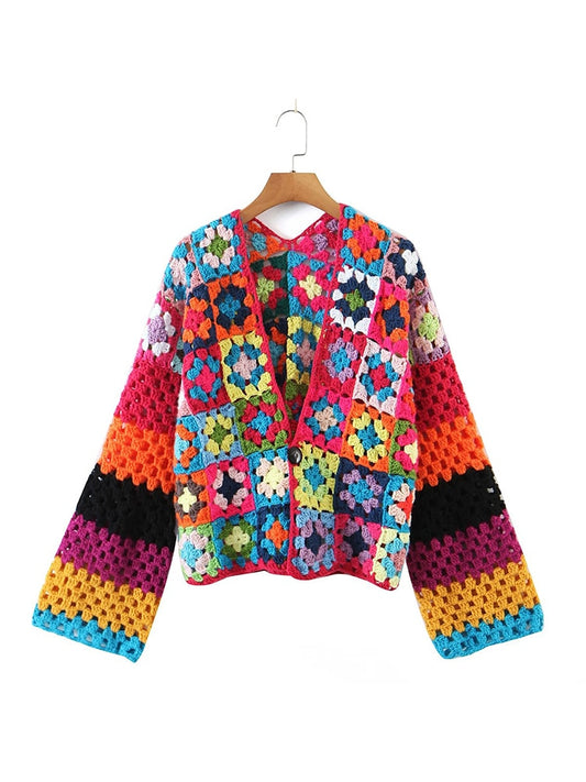 Boho Chic Multicolor Plaid Flower Crochet Cardigan: Handcrafted Fall Outerwear with Single Button Closure, Perfect for Adding a Pop of Color to Your W