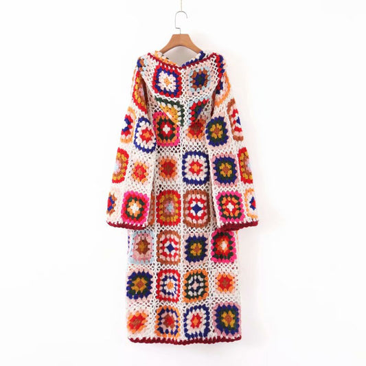 Ethnic Chic: Handmade Crochet Hooded Sweater Coat for Women