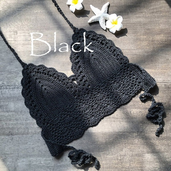 Chic Triangle Bikini Top: Handcrafted Crochet Swimsuit in Black for Effortless Elegance