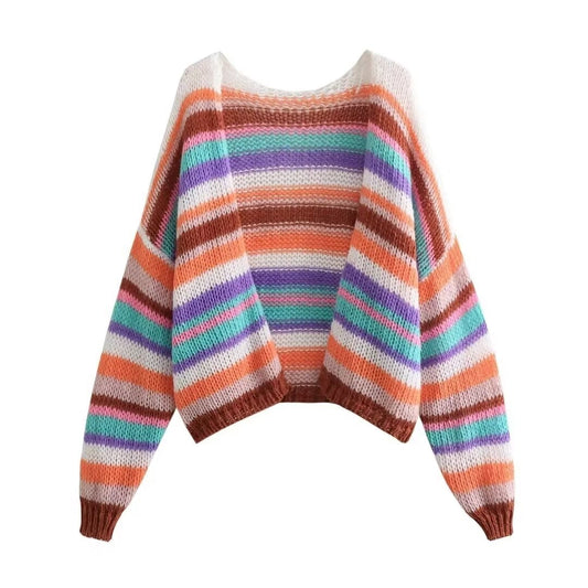 Casual Patchwork Women Knitted Cardigans Autumn Long Lantern Sleeve Crochet Sweaters Female O-neck Loose Elegant Streetwear