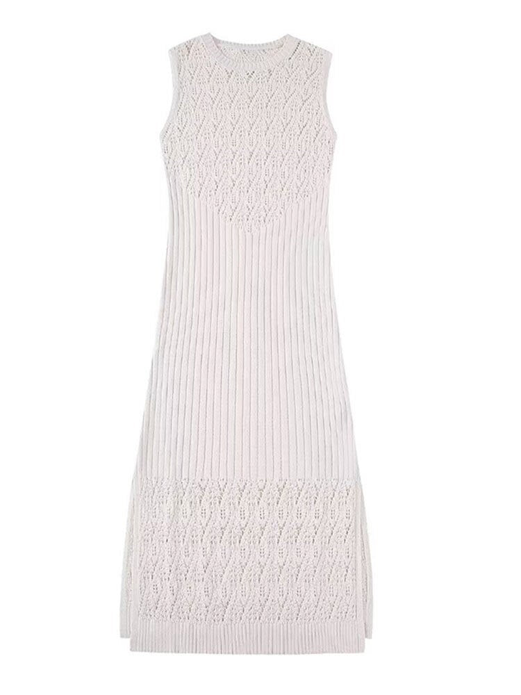 Chic Sleeveless Knitted Maxi Dress: Fashionable Cut-Out Slim Design with Woven Crochet Details, Perfect for Holiday Elegance and Maxi Robe Style