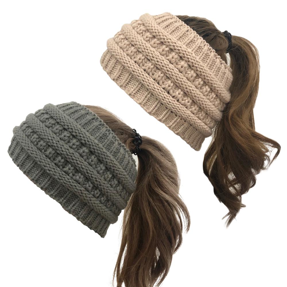 Stay Stylish and Warm with our Ponytail Beanie: Stretch Knitted Crochet Hats for Women