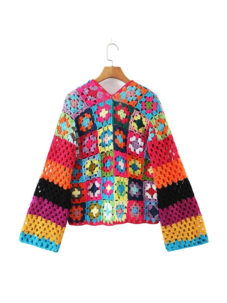 Boho Chic Multicolor Plaid Flower Crochet Cardigan: Handcrafted Fall Outerwear with Single Button Closure, Perfect for Adding a Pop of Color to Your W