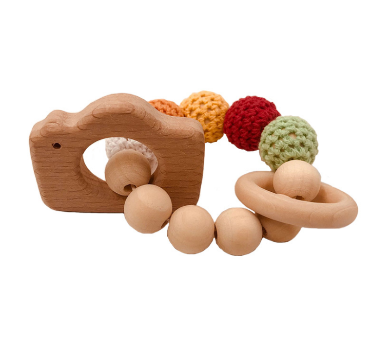 Organic Wood Teething Set: Crochet Bead Teething Rings with Untreated Beech Teether and Wooden Animal Toy Bracelet