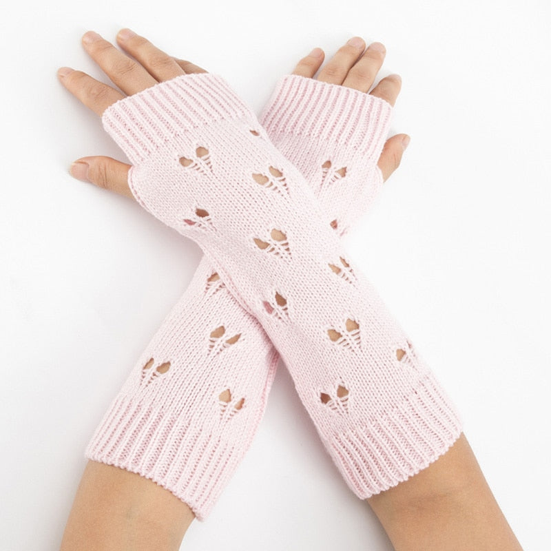 Women Gloves Stylish Hand Warmer Winter Gloves Women Arm Crochet Knitting Hollow Heart Mitten Warm Fingerless Gloves