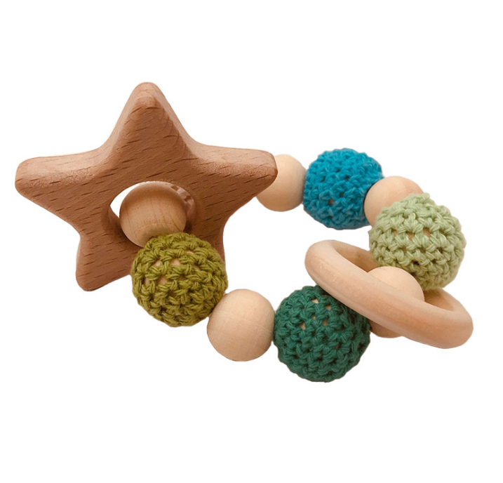 Organic Wood Teething Set: Crochet Bead Teething Rings with Untreated Beech Teether and Wooden Animal Toy Bracelet