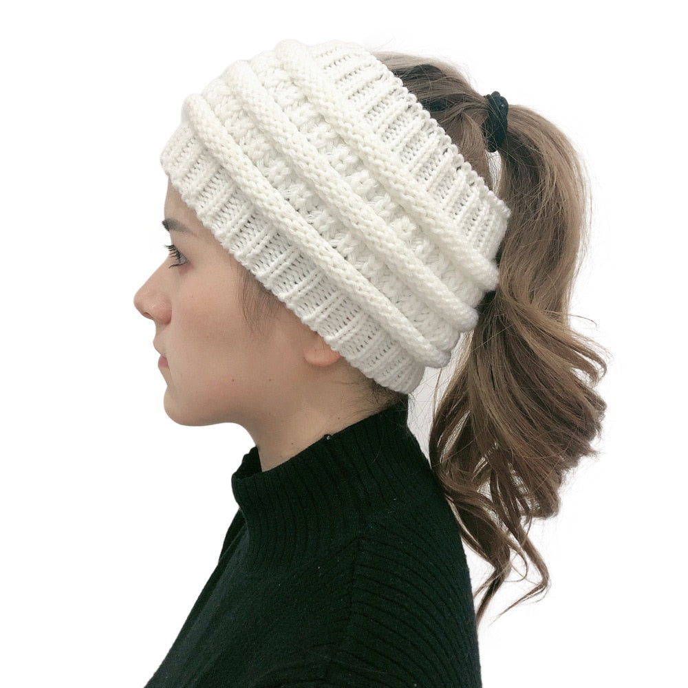 Stay Stylish and Warm with our Ponytail Beanie: Stretch Knitted Crochet Hats for Women