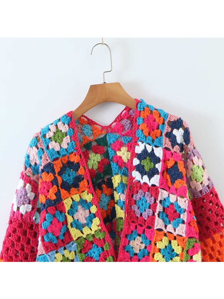 Boho Chic Multicolor Plaid Flower Crochet Cardigan: Handcrafted Fall Outerwear with Single Button Closure, Perfect for Adding a Pop of Color to Your W